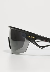 Schwarze Sportsonnenbrille mit gebogenem Glas, mattem Rahmen und goldenen Akzenten an der Seite. Sie bietet ein leichtes Design, das sich optimal für aktive Nutzung eignet.
