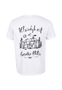 Fehér póló, melynek hátoldalán fekete vázlat egy házról, napról, fákról és a "Kleinigkei Kreativ Atelier" felirat látható.