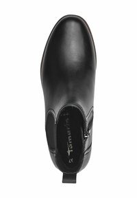 Botte de chelsea en cuir noir avec une texture lisse, fermeture éclair sur le côté et panneaux élastiques. Bout arrondi et languette à l'arrière pour un enfilage facile.