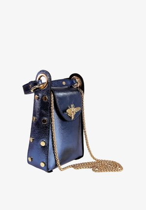 Navy blue leather bag with a shiny finish, featuring gold-tone hardware, circular studs, and a bee detail on the flap; includes a chain strap.