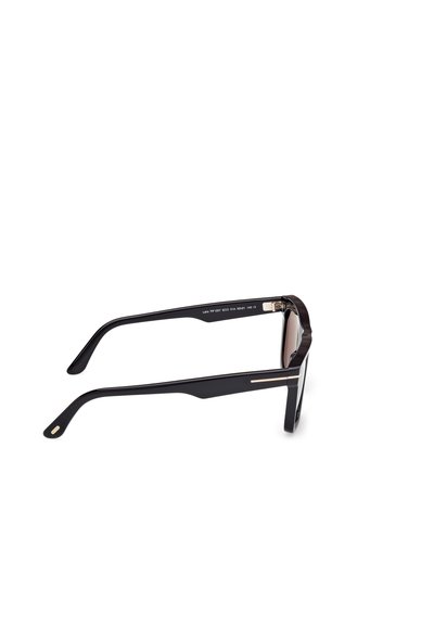 Black sunglasses with a glossy finish, square lenses, and slender arms featuring a gold accent along the sides. Textured temple design.
