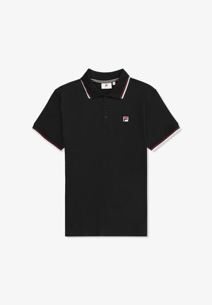 Musta poolo paita, jossa on klassinen kaulus, kolmonen nappulakaulus sekä punavalkoiset raidat kauluksessa ja hihoissa. F-logo rinnassa.