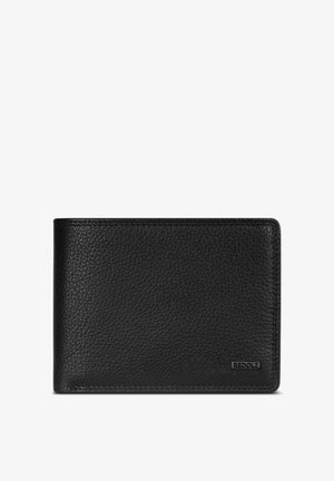 Zwarte leren portemonnee met textuur, voorzien van gestikte randen en een klein rechthoekig metalen logo plaatje met de inscriptie "REDOLZ" in de rechterbenedenhoek.