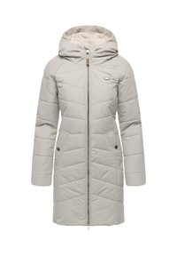 Light gray insulated coat with a hood, zigzag quilted pattern, zip closure, two side pockets, and soft inner lining. Features brown accents.