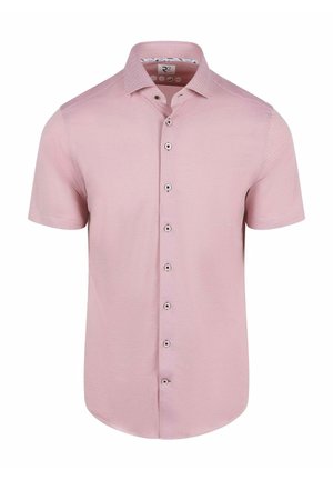 Short-sleeve pale pink men's button-up shirt with a classic collar and texture visible on fabric.
