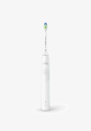Elektrische Zahnbürste Philips Sonicare, weiß, längliches Design, blaue und grüne Borsten, zentraler Ein-/Ausschalter, drei Kontrollleuchten am Sockel.