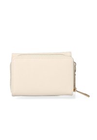 Beige Lederbörse mit glatter Textur, rechteckiger Form und einem Reißverschluss mit goldfarbener Ziehlasche. Minimalistisches Design ohne sichtbare Muster.