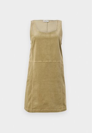 Olijfgroene corduroy zonder mouwen jurk met een ronde halslijn, een knielange snit en een subtiele verticale ribbelstructuur.