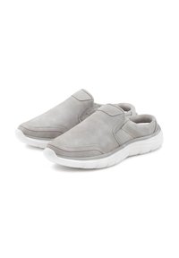 Gray suede slip-on shoes with elastic side panels, white rubber soles, and subtle red stitching accents. Rounded toe design for comfort.