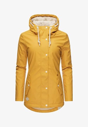 Geel waterdichte jas met een fleece-voering in de capuchon, drukknoopsluiting, twee zijzakken en een langere achterkant. Glad buitenoppervlak.