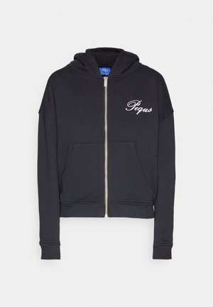 Sort zip-up hoodie med en frontlomme og broderet "Pequs" logo. Fremstillet af blødt materiale, med hætte og ribbede manchetter.