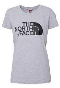 Svetle šedé dámské tričko s krátkým rukávem s černým logem "THE NORTH FACE" a grafikou polokoule umístěnou na hrudi.