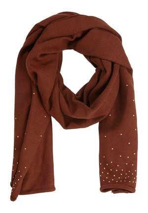 Blødt brunt tørklæde med små jævnt fordelt sølvnitter, der dekorere begge ender, arrangeret i et subtilt gradientmønster.