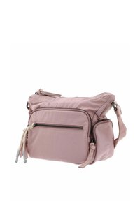 Pink nylon crossbody bag with multiple zippered pockets, adjustable strap, and textured fabric. Features a drawstring accent on front.