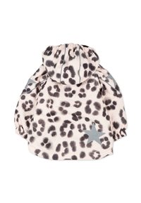 Kinderen hoodie-jack met zwarte en grijze luipaardvlekken op lichtroze, met reflecterende sterren op de mouwen en onderrug.