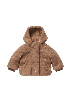 Brun tøjde ung barn hætte teddy fleece jakke med lange ærmer, forlommer, ribstrikkede manchetter og små broderede blomsterdetaljer.