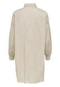 Beige Hemdblusenkleid mit kragenloser Halslinie, langen puffärmel und geknöpften Manschetten. Glatte Textur, minimalistisches Design ohne Muster.