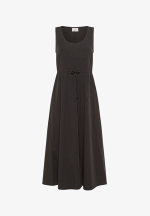 Sort, ærmeløs maxi kjole med en tætsiddende top og en løs nederdel. Har rund halsudskæring og et bindebælte i taljen. Glat stof.