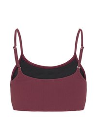 Crop top côtelé bordeaux avec fines bretelles réglables et doublure intérieure noire, présenté sur fond blanc.