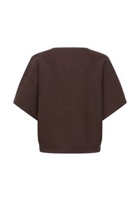 Pull en tricot marron à manches courtes, coupe carrée, ourlet droit et manches larges, montré de dos sur un fond blanc.