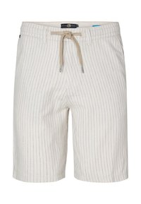 Pantaloni corti beige chiaro con sottili righe verticali blu e marroni. Presentano una vita con cordino e una vestibilità morbida.