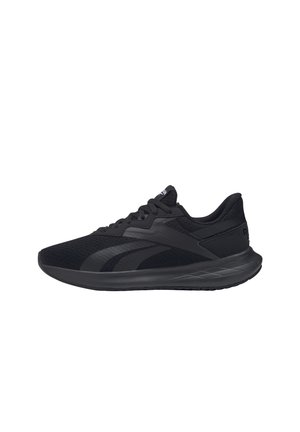 Black low-top running shoe with mesh upper, lace-up closure, branded side stripe, and cushioned sole designed for athletic use.