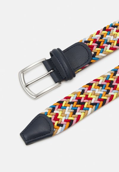 Woven multicolor belt with a combination of red, yellow, blue, and black threads. Features a navy leather buckle and end tip. Silver metal hardware.