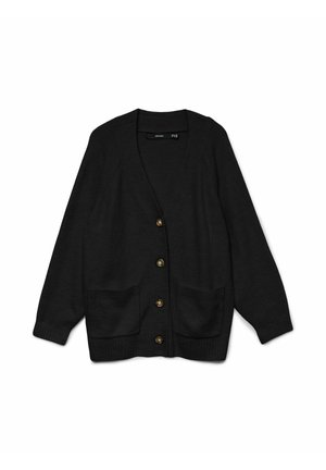 Svart cardigan i mjukt material, med v-ringning, långa ärmar, guldknappar och två framfickor. Texturerad stickad design.