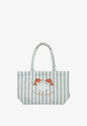 Sac cabas rayé bleu et blanc avec deux poissons rouges, un coquillage blanc et "Sea Shell Shopping" brodé sur le devant.