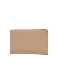 Portafoglio in pelle beige con texture liscia, forma rettangolare, cuciture sottili lungo i bordi e senza chiusure o decorazioni visibili.