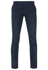 Granatowe spodnie z tkaniny o splocie, charakteryzujące się slim fit oraz subtelnym wzorem w kratę, z zapięciem na guzik i bocznymi kieszeniami.