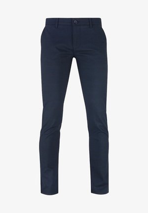 Granatowe spodnie z tkaniny o splocie, charakteryzujące się slim fit oraz subtelnym wzorem w kratę, z zapięciem na guzik i bocznymi kieszeniami.