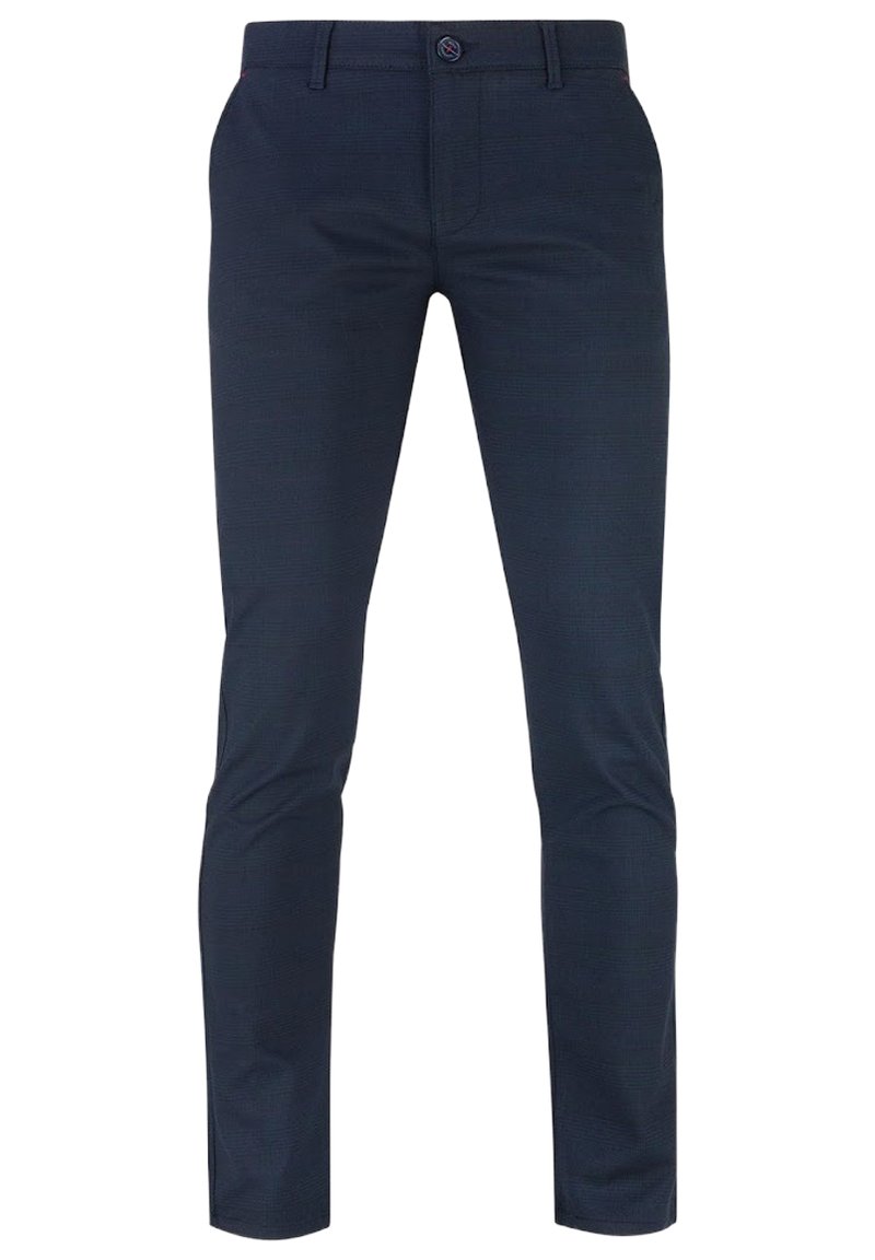 Granatowe spodnie z tkaniny o splocie, charakteryzujące się slim fit oraz subtelnym wzorem w kratę, z zapięciem na guzik i bocznymi kieszeniami.