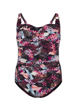 Viengabala peldkostīms ar daudzkrāsainu ziedu rakstu uz tumša fona, ar regulējamām siksnām un savelktu vidukļa detaļu.