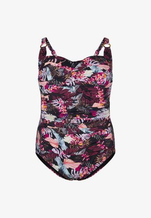 Viengabala peldkostīms ar daudzkrāsainu ziedu rakstu uz tumša fona, ar regulējamām siksnām un savelktu vidukļa detaļu.