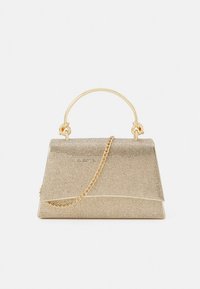 Kuldne metallik käekott, millel on struktureeritud disain, lame põhi, pealmine käepide ja eemaldatav kett-rihm. Tekstureeritud pind peene läikega.