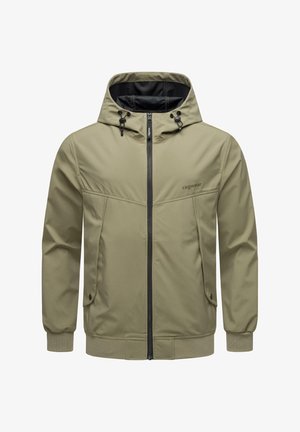Mikina s kapucí v olivové zelené barvě, vyrobená z hladkého materiálu. Obsahuje přední zip, dvě boční kapsy a jemné logo na hrudi.