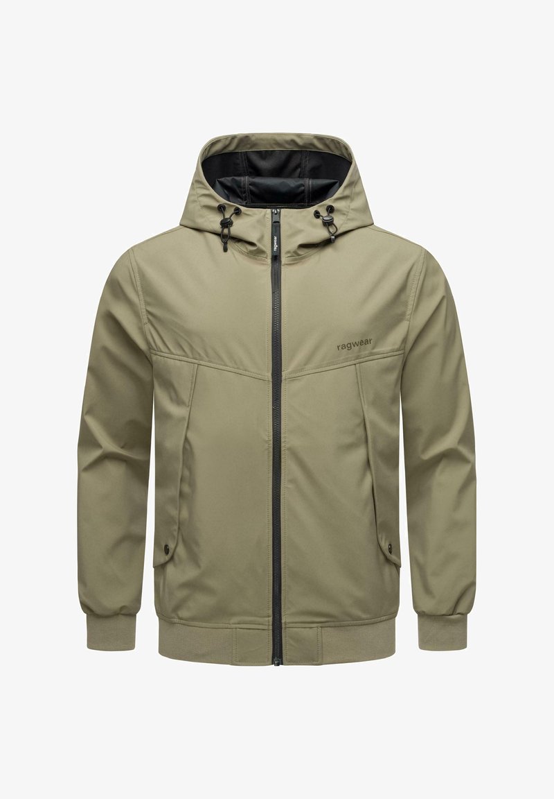 Kapuca jakna v olivno zeleni barvi, izdelana iz gladkega materiala. Ima sprednji zadrgo, dve stranski žepi in subtilno blagovno znamko na prsih.