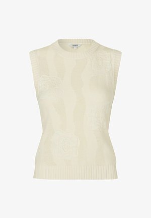 Suéter de punto sin mangas en marfil con un patrón floral texturizado, cuello y dobladillo acanalados, y un tejido suave y ligero.