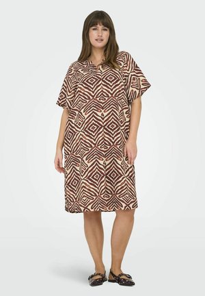 Brown and cream patterned dress with a loose fit, short sleeves, and a collar. Features a geometric design and mid-length cut. AP style.