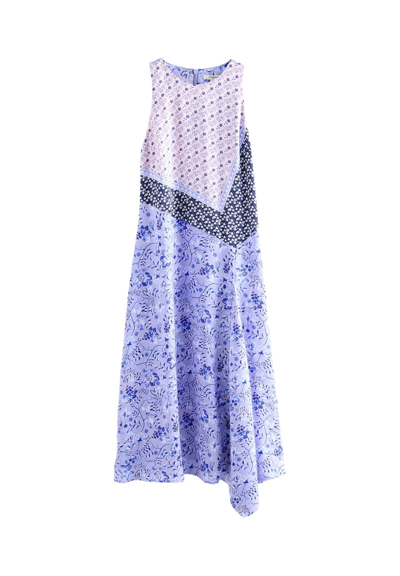 Ujjatlan ruha különböző kék árnyalatokban, virágmintákkal és geometriai színblokkokkal díszítve. Könnyű, sima anyagból készült.