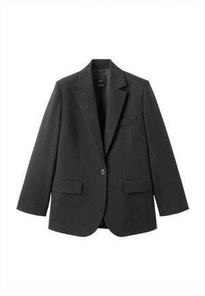 Blazer nero in tessuto liscio, con rever a incavo, chiusura con un bottone e due tasche frontali. Design semplice e su misura.
