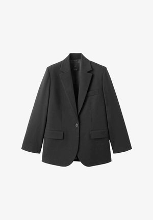 Blazer nero in tessuto liscio, con rever a incavo, chiusura con un bottone e due tasche frontali. Design semplice e su misura.