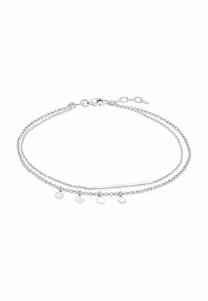 Silver double chain bracelet with four small round charms and a slender horizontal bar pendant, fastened with a lobster clasp.