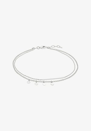 Sølv dobbelt kædearmbånd med fire små runde charms og en slank vandret stang vedhæng, fastgjort med en lobstergreb.