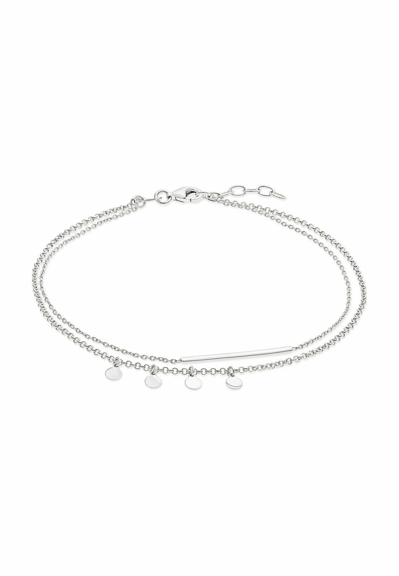 Sølv dobbelt kædearmbånd med fire små runde charms og en slank vandret stang vedhæng, fastgjort med en lobstergreb.