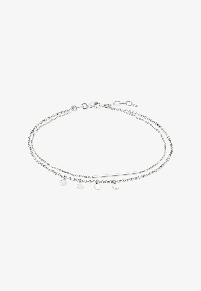 Sølv dobbelt kædearmbånd med fire små runde charms og en slank vandret stang vedhæng, fastgjort med en lobstergreb.