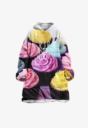 Polarowa bluza z kapturem z wzorem na babeczki w odcieniach różu, żółci i niebieskiego, z napisem "R.I.P. DIETA". Miękka w dotyku, luźny krój z kapturem.