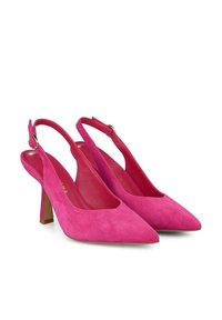 Zapatos de tacón en ante rosa con puntera afilada y tacón de aguja. Presentan un hebilla en tono dorado y un forro interior suave.