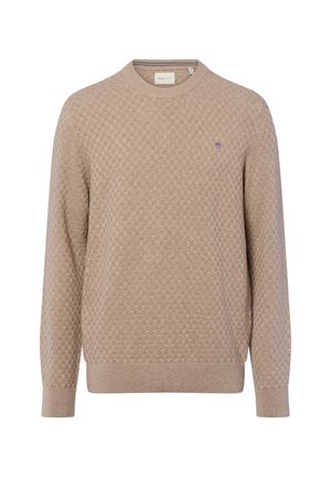 Beiger Strickpullover mit strukturiertem Muster, Rundhalsausschnitt und gerippten Bündchen. Kleines Logo-Detail auf der Brust.